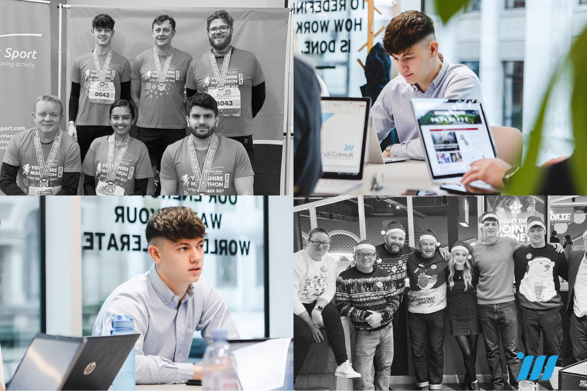 Collage showing an apprentice working in the office on a laptop, taking part in a charity run, and attending a company Christmas get-together.